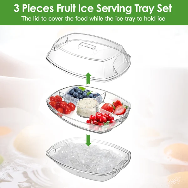 Fruit Ice Serving Tray Chilled Veggie Tray Shrimp Cocktail Serving Dish Appetizer Party Serving Platter Cold Food Buffet Server with Lid and 4 Compartments 3 Tongs 10 Sporks view 3