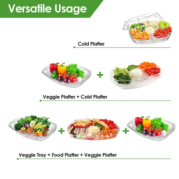 Fruit Ice Serving Tray Chilled Veggie Tray Shrimp Cocktail Serving Dish Appetizer Party Serving Platter Cold Food Buffet Server with Lid and 4 Compartments 3 Tongs 10 Sporks view 4