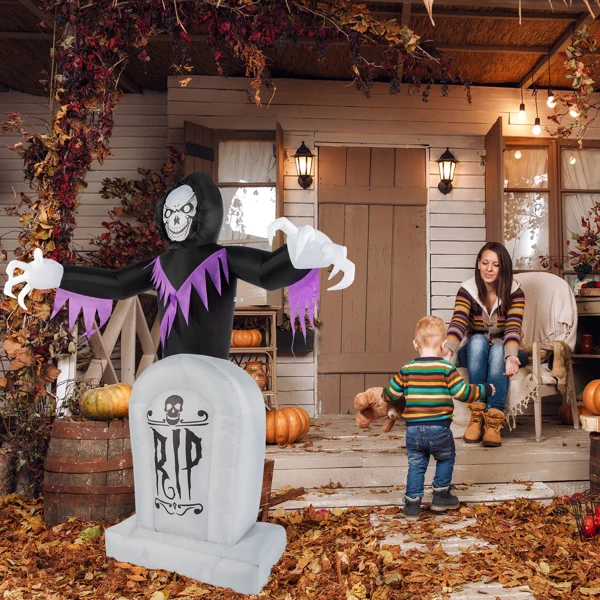 8ft Garden 3pcs LED String Lights Grim Reaper and Grave Inflatable Halloween Decoration view 4