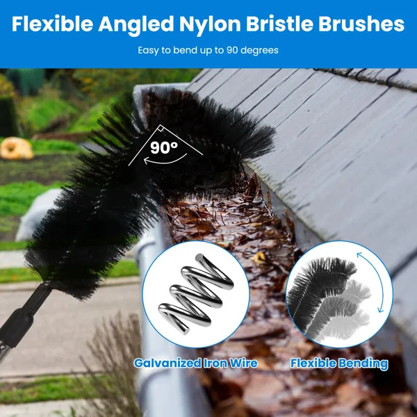 10.5FT Gutter Cleaning Brush With Telescoping Handle Rain Gutter Cleaner Extendable Gutter Cleaning Tool From The Ground with 2 Angled Brushes Anti-slip Gloves Goggles view 3
