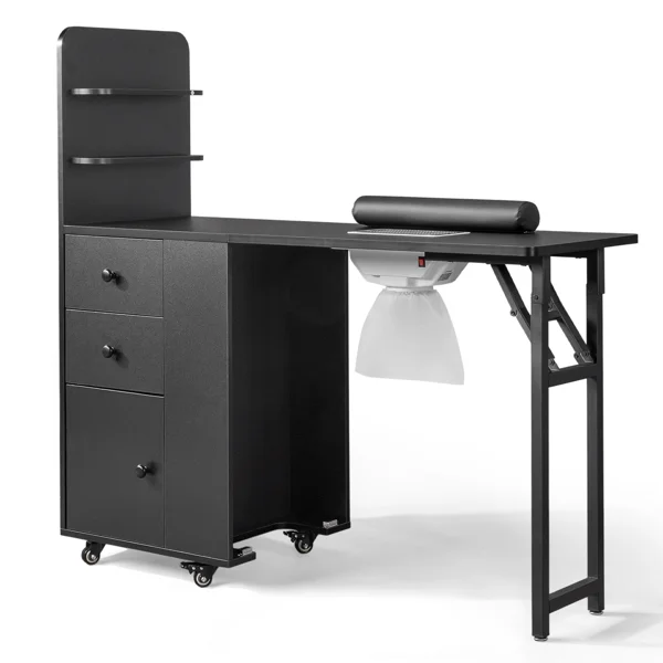 Black MDF Folding Nail Desk with 2 Drawers, Cabinet Door & Storage Shelf view 3