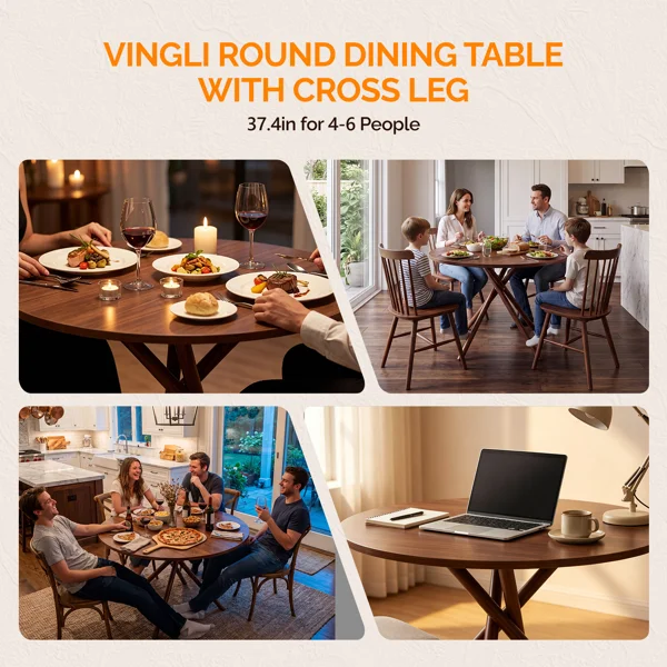 37.4 Inch Round Dining Table for 4-6 People, Cross X Metal Leg Kitchen Dinner Table with Adjustable Foot Pads, Easy Assembly Small Space Dining Room Table, Walnut view 3