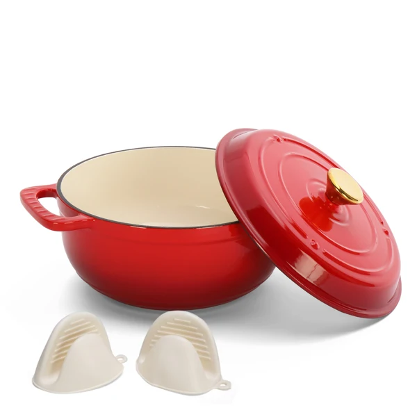 Cast iron 5QT cooking pot - Gradient red - Includes two silicone gloves - Enamel pot view 4