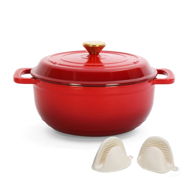 Cast iron 5QT cooking pot - Gradient red - Includes two silicone gloves - Enamel pot view 6