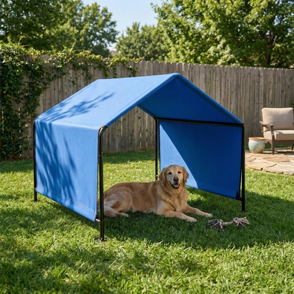 4*4*3.3FT Black Iron Pipe PVC Coated Polyester Tarpaulin Waterproof and UV-resistant Blue Pet Tent. Tarpaulin bottom is sewn together; top has Velcro closure view 4