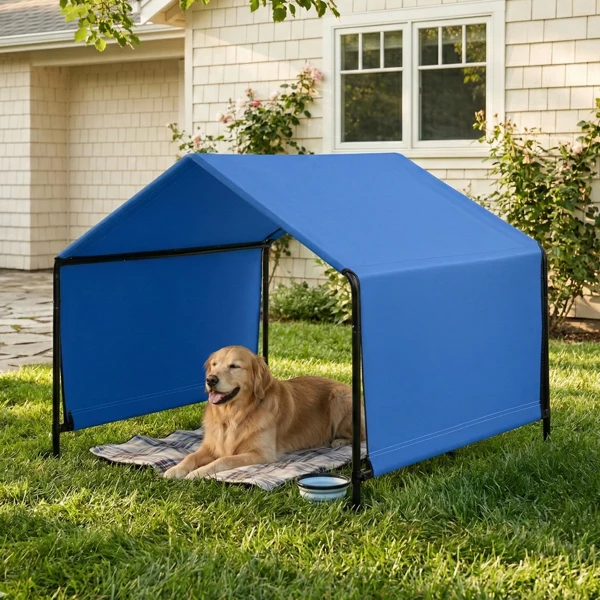 4*4*3.3FT Black Iron Pipe PVC Coated Polyester Tarpaulin Waterproof and UV-resistant Blue Pet Tent. Tarpaulin bottom is sewn together; top has Velcro closure view 5