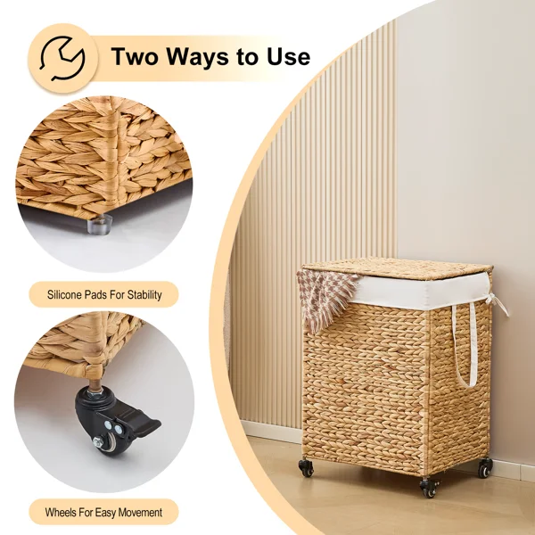 100L 2-Section Laundry Hamper with Lid and Wheels, Woven Natural Water Hyacinth Rolling Laundry Hamper view 5