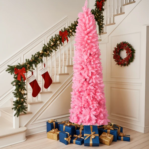 7.5 FT Hinged Christmas Tree, Artificial Pencil Christmas Tree, Unlit Artificial Christmas Pine Tree with 1075 Branch Tips and Sturdy Stand, Pink view 2