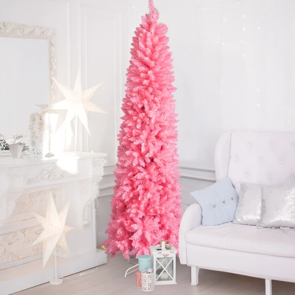7.5 FT Hinged Christmas Tree, Artificial Pencil Christmas Tree, Unlit Artificial Christmas Pine Tree with 1075 Branch Tips and Sturdy Stand, Pink view 4