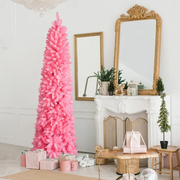 7.5 FT Hinged Christmas Tree, Artificial Pencil Christmas Tree, Unlit Artificial Christmas Pine Tree with 1075 Branch Tips and Sturdy Stand, Pink view 5
