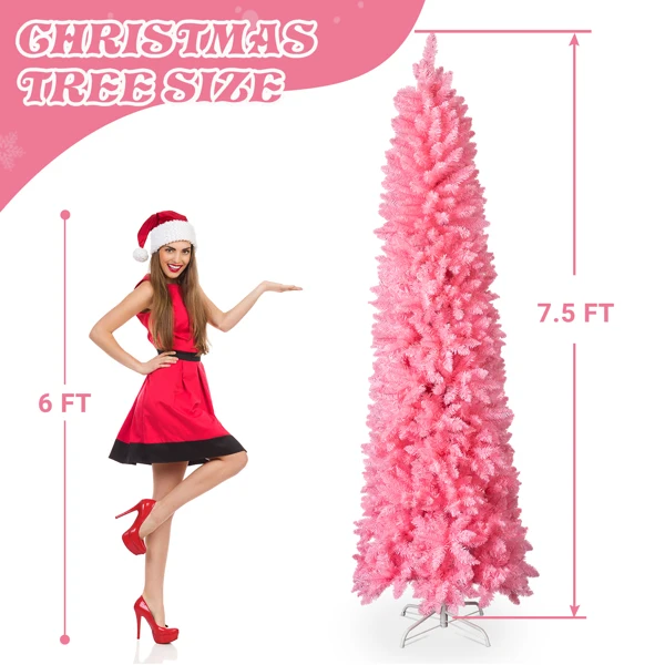 7.5 FT Hinged Christmas Tree, Artificial Pencil Christmas Tree, Unlit Artificial Christmas Pine Tree with 1075 Branch Tips and Sturdy Stand, Pink view 6