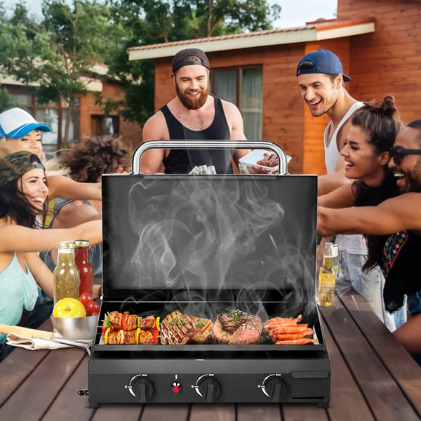 3-Burner Flat Top Gas Griddle Cooking Station with Ceramic Coated Cast Iron Pan, 30,000 BTU Propane Fuelled Griddle Station for Outdoor Barbecue Backyard Cookout view 4