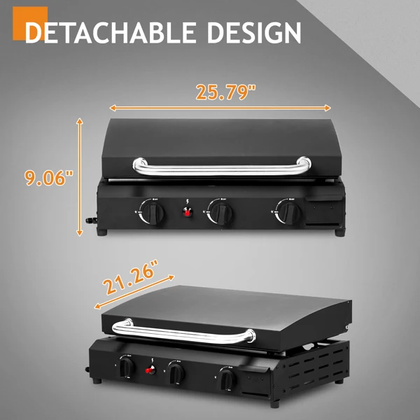 3-Burner Flat Top Gas Griddle Cooking Station with Ceramic Coated Cast Iron Pan, 30,000 BTU Propane Fuelled Griddle Station for Outdoor Barbecue Backyard Cookout view 6