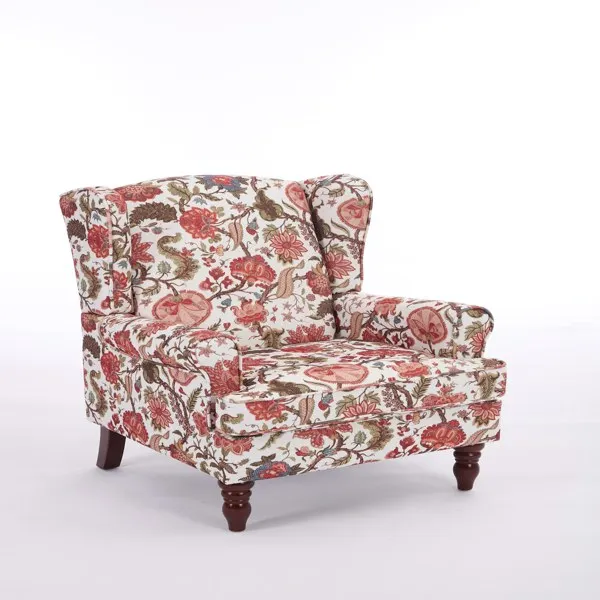 Modern Accent Chair with Retro Wood Legs, Comfy Upholstered Armchair, Floral Design Single Sofa Chair for Living Room Bedroom Office - Floral Red view 3