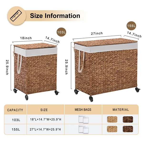 100L 2-Section Laundry Hamper with Lid and Wheels, Woven Natural Water Hyacinth Rolling Laundry Hamper view 3