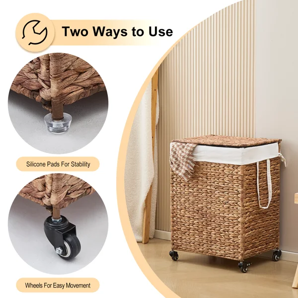 100L 2-Section Laundry Hamper with Lid and Wheels, Woven Natural Water Hyacinth Rolling Laundry Hamper view 5