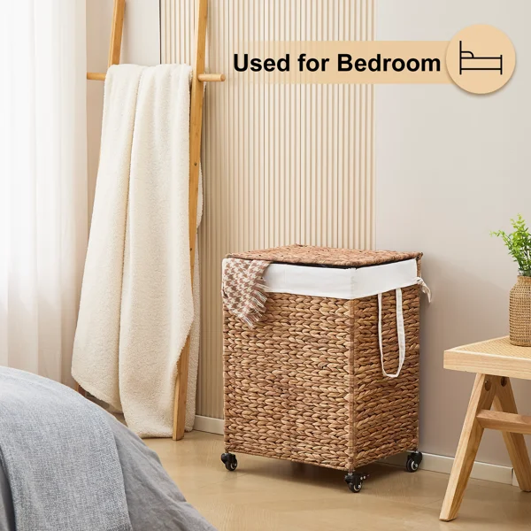 100L 2-Section Laundry Hamper with Lid and Wheels, Woven Natural Water Hyacinth Rolling Laundry Hamper view 6