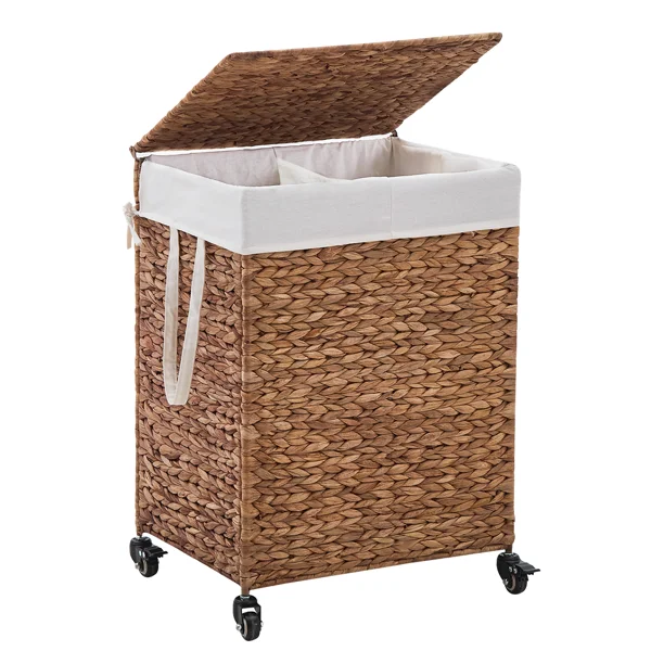 100L 2-Section Laundry Hamper with Lid and Wheels, Woven Natural Water Hyacinth Rolling Laundry Hamper