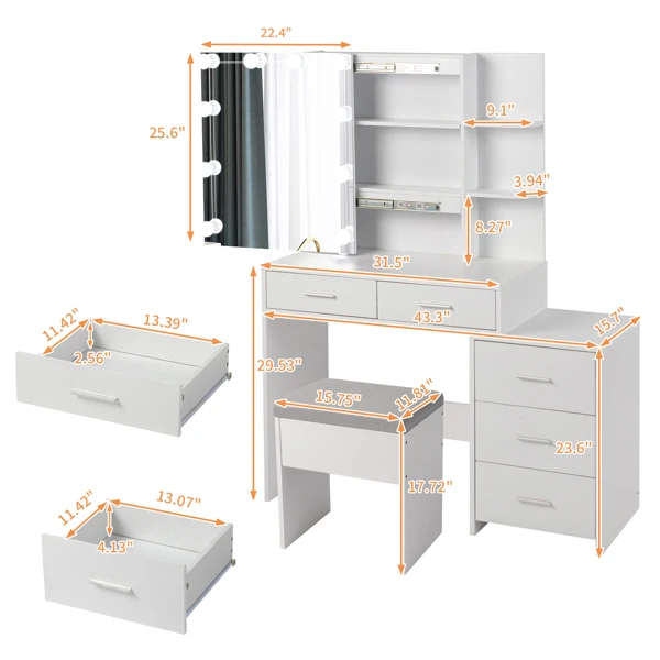 Particleboard Triamine Veneer 5 Pumps 2 Shelves Mirror Cabinet Three Dimming Light Bulb Dressing Table Set White view 4