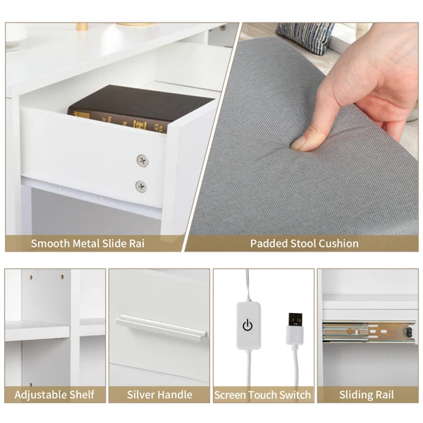 Particleboard Triamine Veneer 5 Pumps 2 Shelves Mirror Cabinet Three Dimming Light Bulb Dressing Table Set White view 5