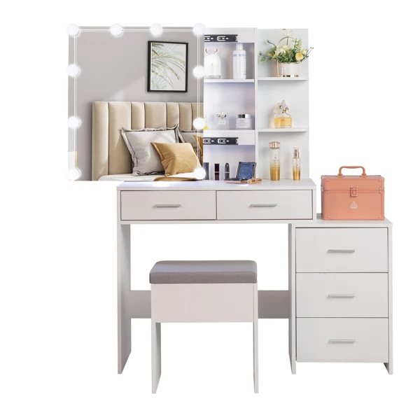 Particleboard Triamine Veneer 5 Pumps 2 Shelves Mirror Cabinet Three Dimming Light Bulb Dressing Table Set White