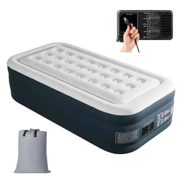Twin Air Mattress with Built-in Pump, 18in Raised Comfort Blow up Mattress, Double Chamber Airbed, 2min Quick Inflation/Deflation Inflatable Mattress for Home Guests Camping, Gray & White view 3