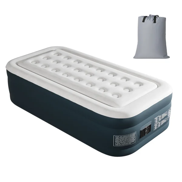 Twin Air Mattress with Built-in Pump, 18in Raised Comfort Blow up Mattress, Double Chamber Airbed, 2min Quick Inflation/Deflation Inflatable Mattress for Home Guests Camping, Gray & White view 4