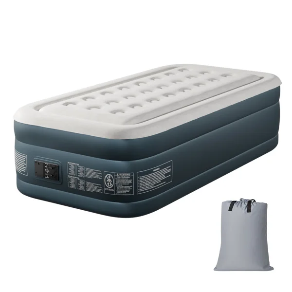 Twin Air Mattress with Built-in Pump, 18in Raised Comfort Blow up Mattress, Double Chamber Airbed, 2min Quick Inflation/Deflation Inflatable Mattress for Home Guests Camping, Gray & White view 5