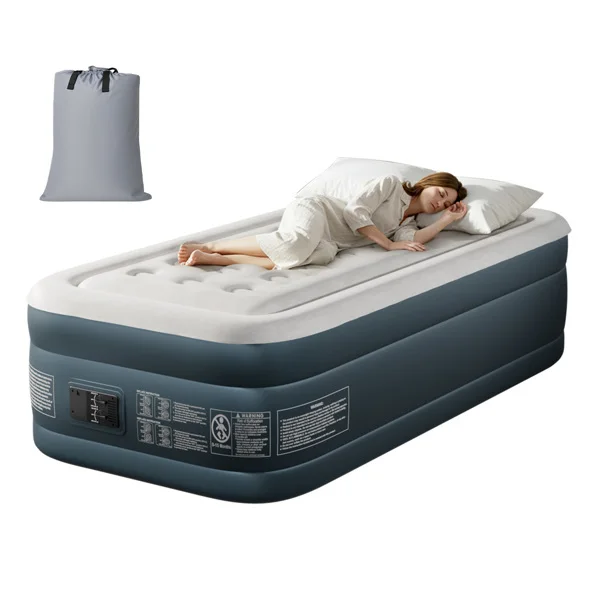 Twin Air Mattress with Built-in Pump, 18in Raised Comfort Blow up Mattress, Double Chamber Airbed, 2min Quick Inflation/Deflation Inflatable Mattress for Home Guests Camping, Gray & White view 6