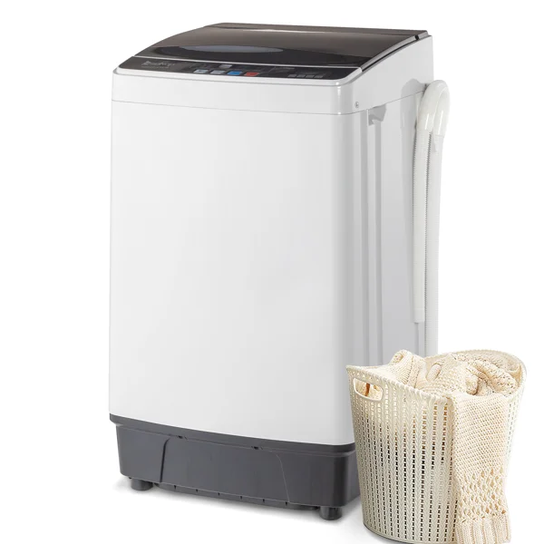 Full-Automatic Washing Machine Top Load Portable Compact Laundry Washer Spin with Drain Pump,10 programs 8 Water Level Selections with LED Display 17.8 Lbs Capacity, black view 2