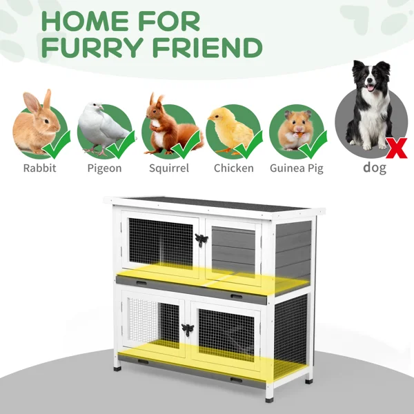 2 Story Solid Wood Rabbit Hutch Bunny Cage with 2 Large Main Rooms, Indoor Outdoor Rabbit House Guinea Pig Cage Pet House for Small Animals with 2 Removable Trays, Grey view 2