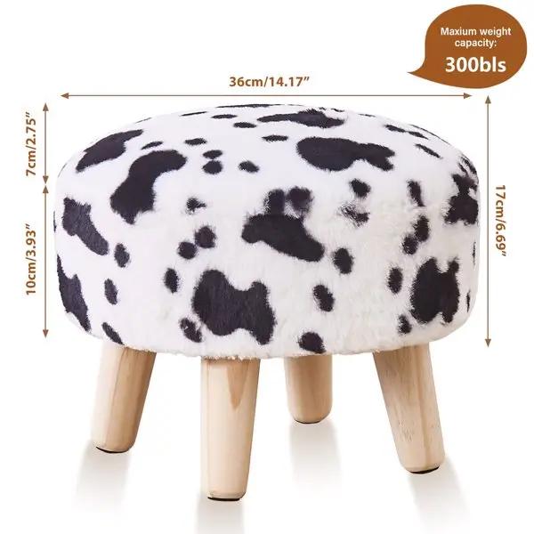 Round Mushroom Footstool Ottoman - Rabbit Wool Upholstered Small Stool with Solid Wood Legs, Cute Shoe Changing Stool, Step Stool, Sofa Footrest for Living Room & Bedroom, Cow Print view 3