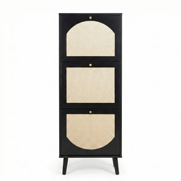 Rattan-fronted 3-tier shoe cabinet, particleboard, 54*24*135 cm, black view 2