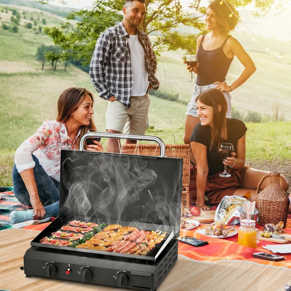 3-Burner Flat Top Gas Griddle Cooking Station with Ceramic Coated Cast Iron Pan, 30,000 BTU Propane Fuelled Griddle Station for Outdoor Barbecue Backyard Cookout view 5