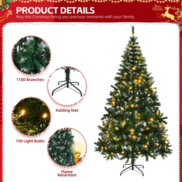 [Replace 13564928]7 FT Snow Tipped Artificial Christmas Tree with DIY 150 Warm Lights, Remote Control, 1100 Branch Tips and Sturdy Metal Stand, Green & Snow Tipped view 4