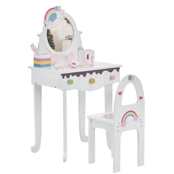 Kids Vanity Table and Chair Set with 7pcs Pretend Play Makeup Toys, Girls Vanity with Mirror & Stool, 3 Drawers & Tabletop Storage, Princess Table for Toddlers, White view 2