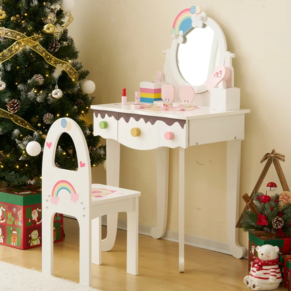 Kids Vanity Table and Chair Set with 7pcs Pretend Play Makeup Toys, Girls Vanity with Mirror & Stool, 3 Drawers & Tabletop Storage, Princess Table for Toddlers, White view 5