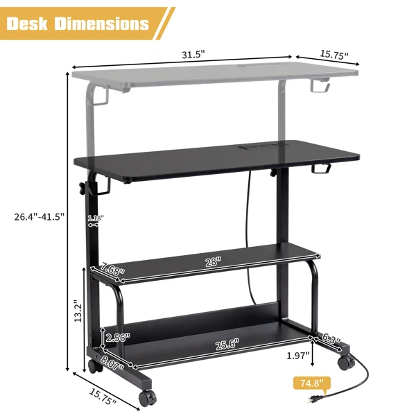 Black Wood Grain P2 15MM Particle Board with Melamine Coating Adjustable Computer Desk with 3 USB + 2 AC Outlets view 5