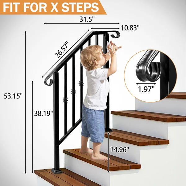 [Same Code:89100953]Matte Black Outdoor 2-Step Iron Handrail view 5