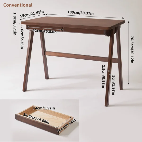100% Solid Rubber Wood Computer Desk, Retro Walnut Writing Desk with Drawer, Sturdy A-Frame Leg, 39.37"×21.65", 0.71" Standard Thick Home Office Study Table view 4