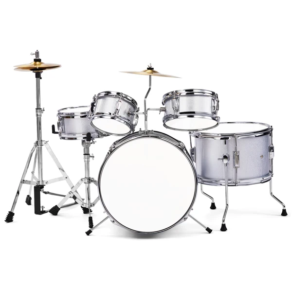 14"x10" 5-Pieces Junior Kids Drum Set Kit Pedal Drum Stick Wrench Drum Stool Silver