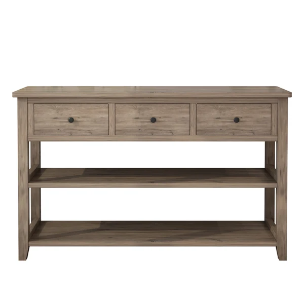 Console Table with Wood Frame and Legs, Sofa Table Entryway Table with 3 Drawers and 2 Open Shelves Wash Gray view 2