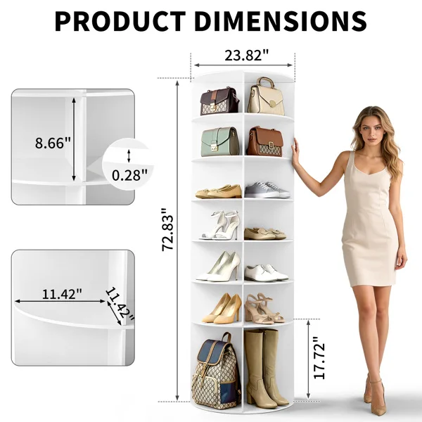 7-tier, 360° rotating wood-plastic composite shoe rack, 60*60*184cm, white view 3