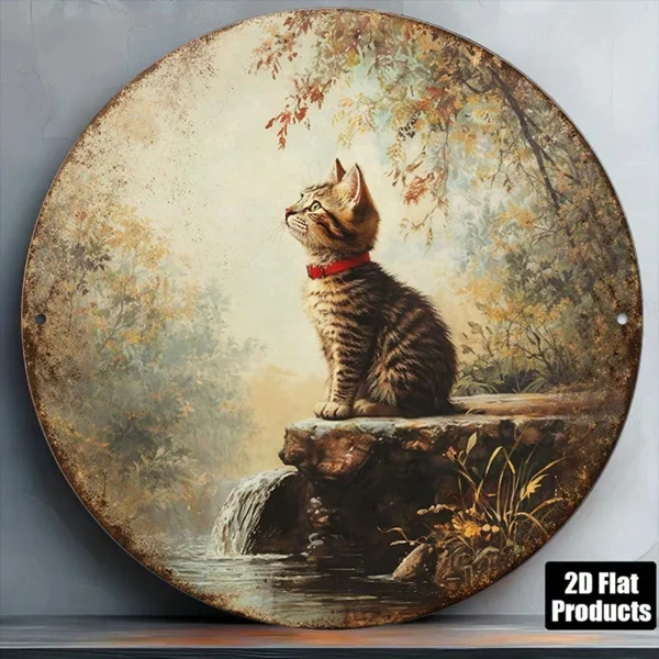 CIFbuy Vintage Tabby Cat Wall Art, "" Tabby Cat Wall Art, Wall Art, Round Kitten Plaque with Waterfall Stream(TikTok, Temu Self-pickup Logireics) view 2