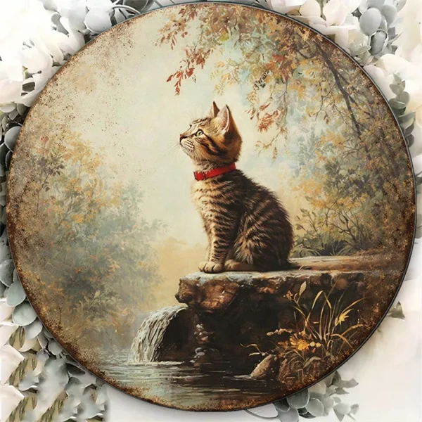 CIFbuy Vintage Tabby Cat Wall Art, "" Tabby Cat Wall Art, Wall Art, Round Kitten Plaque with Waterfall Stream(TikTok, Temu Self-pickup Logireics) view 3