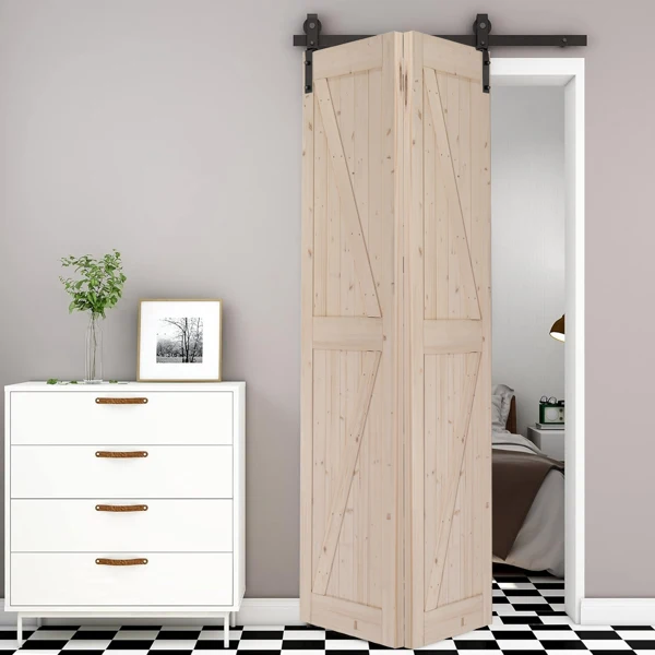 60" Bi-Folding Sliding Barn Door Hardware Kit for 2 Doors,Smoothly&Quietly,Black Track J Shape Roller-[Doors not Included] view 3