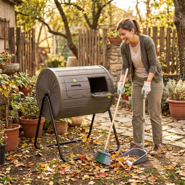 Dual Chamber Compost Tumbler 37.5Gal 360° Rotating Compost Bin with Stirring Blades for Garden-Coffee view 2