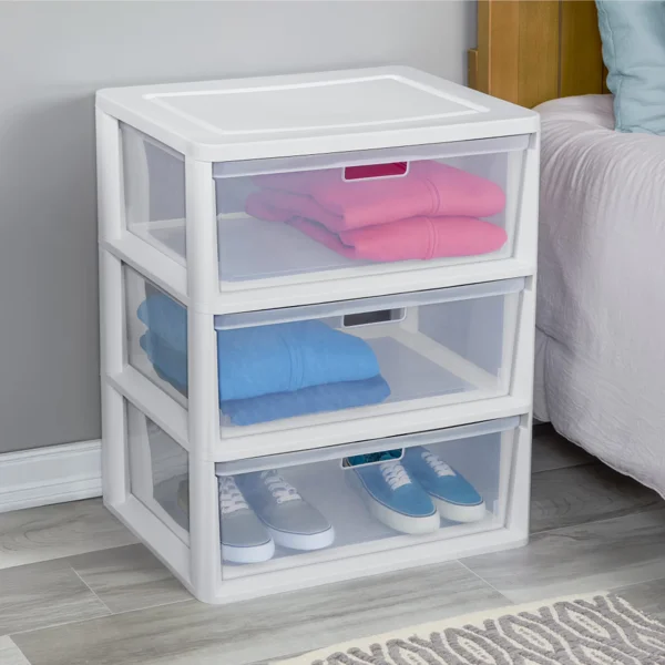 (2 pack) Wide 3 Drawer Tower, Plastic Storage Organizer with Removable Clear Bins, Easy to Assemble - No Tools Needed, White view 5