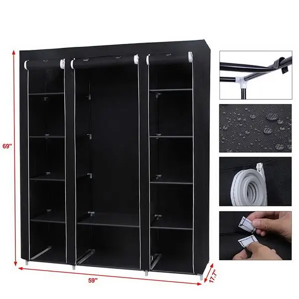 69" Portable Clothes Closet Wardrobe Storage Organizer with Non-Woven Fabric Quick and Easy to Assemble Extra Strong and Durable Black view 2