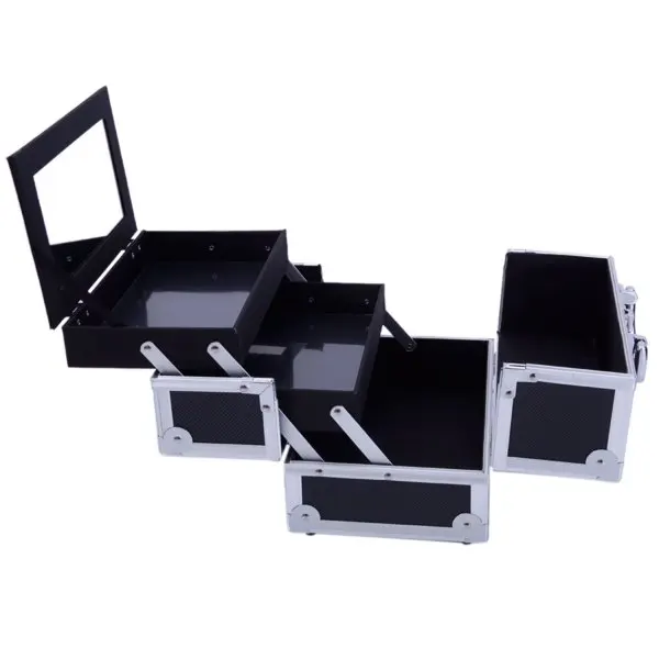 Portable Diamond Texture Aluminum Makeup Storage Bag with Mirror & Key Black view 6